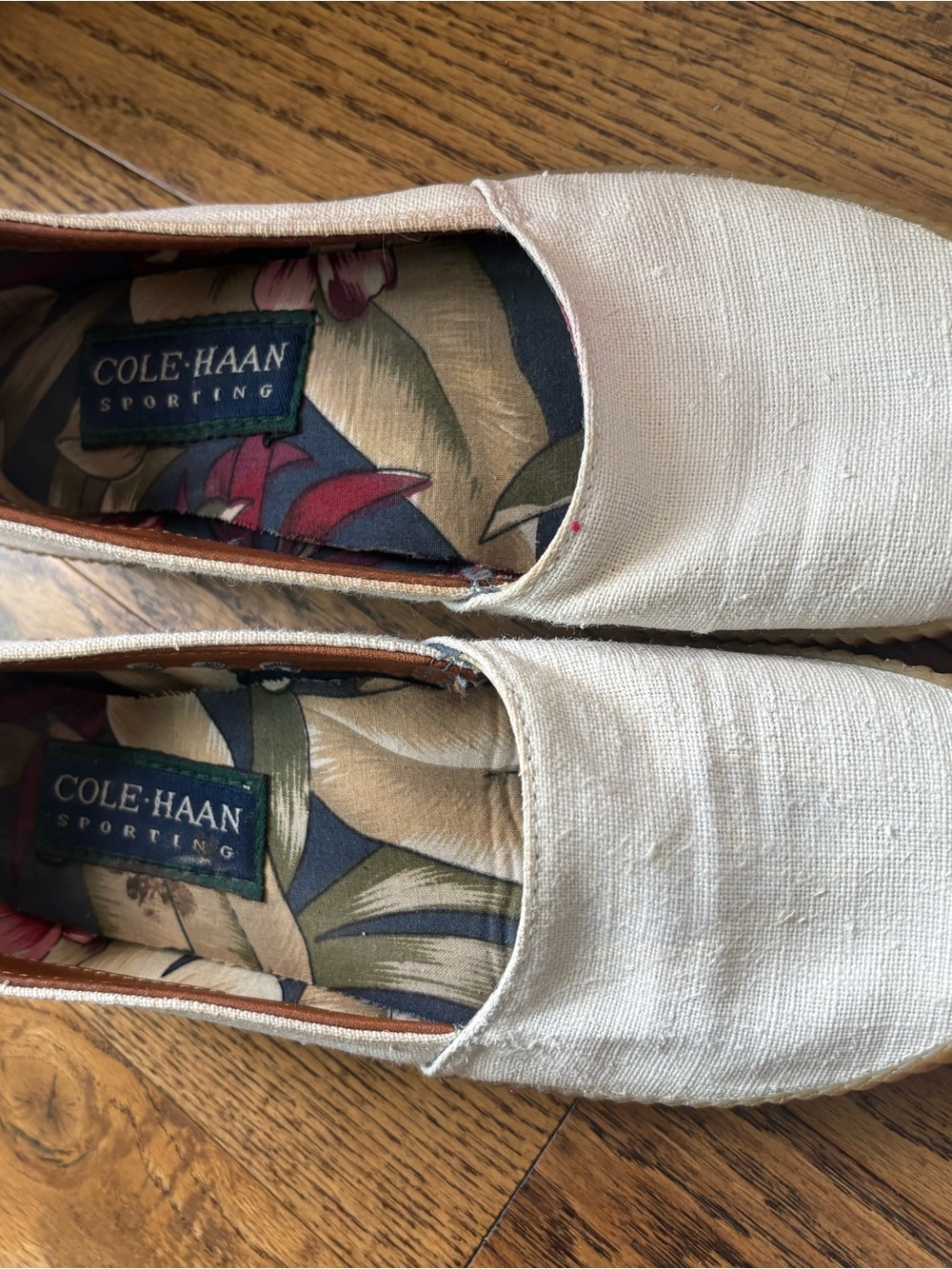 Cole Haan women’s Cream Canvas Slip-On Loafers with Floral Insole